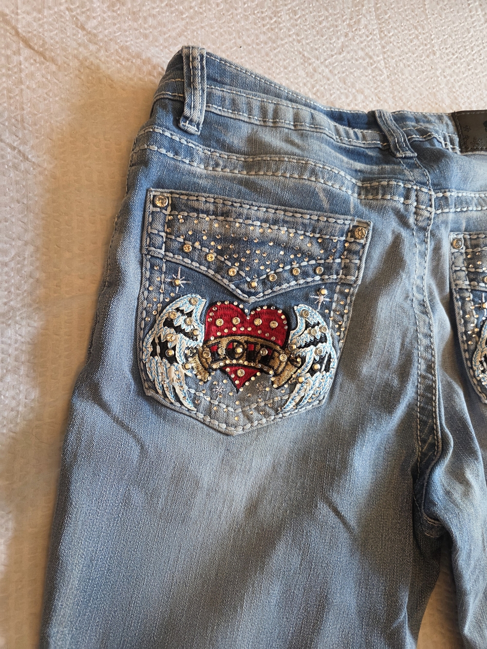 Sky Light Blue Boot Cut Jeans with Red Heart Embellished Back Pockets Size 11/12 - Picture 2 of 13